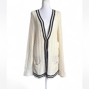 Ralph Lauren White Cable Knit Cricket Cardigan with Navy Trim